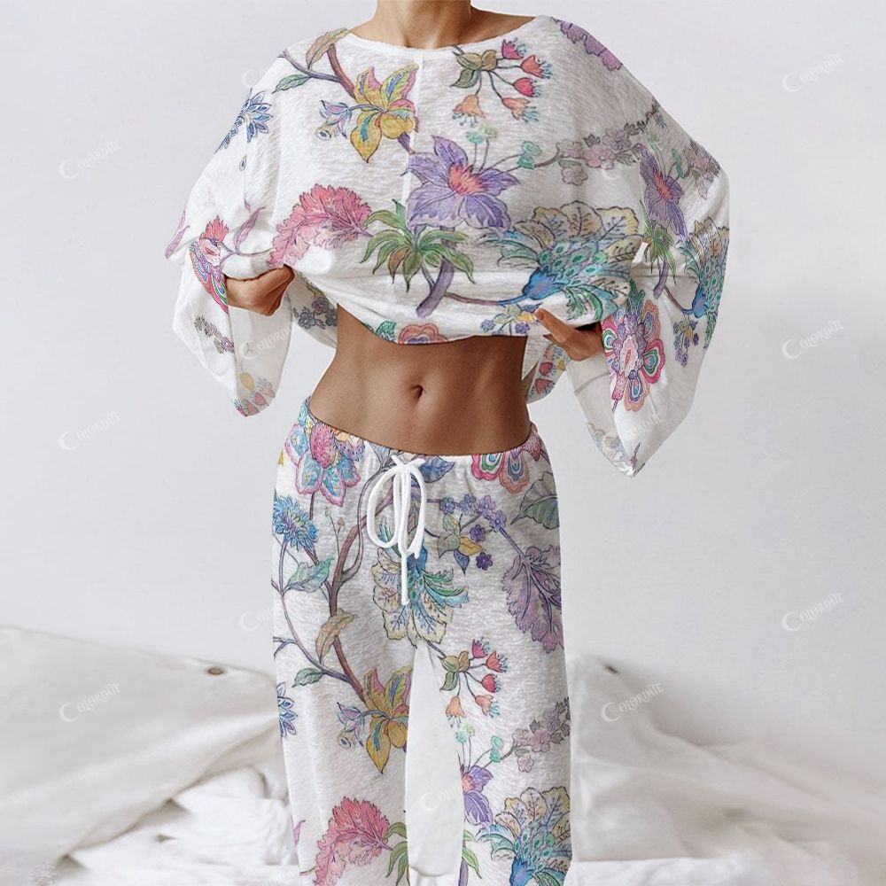 Colordate Women's Hand-Painted Colorful Plant Print Long Sleeve Cotton Homewear Set