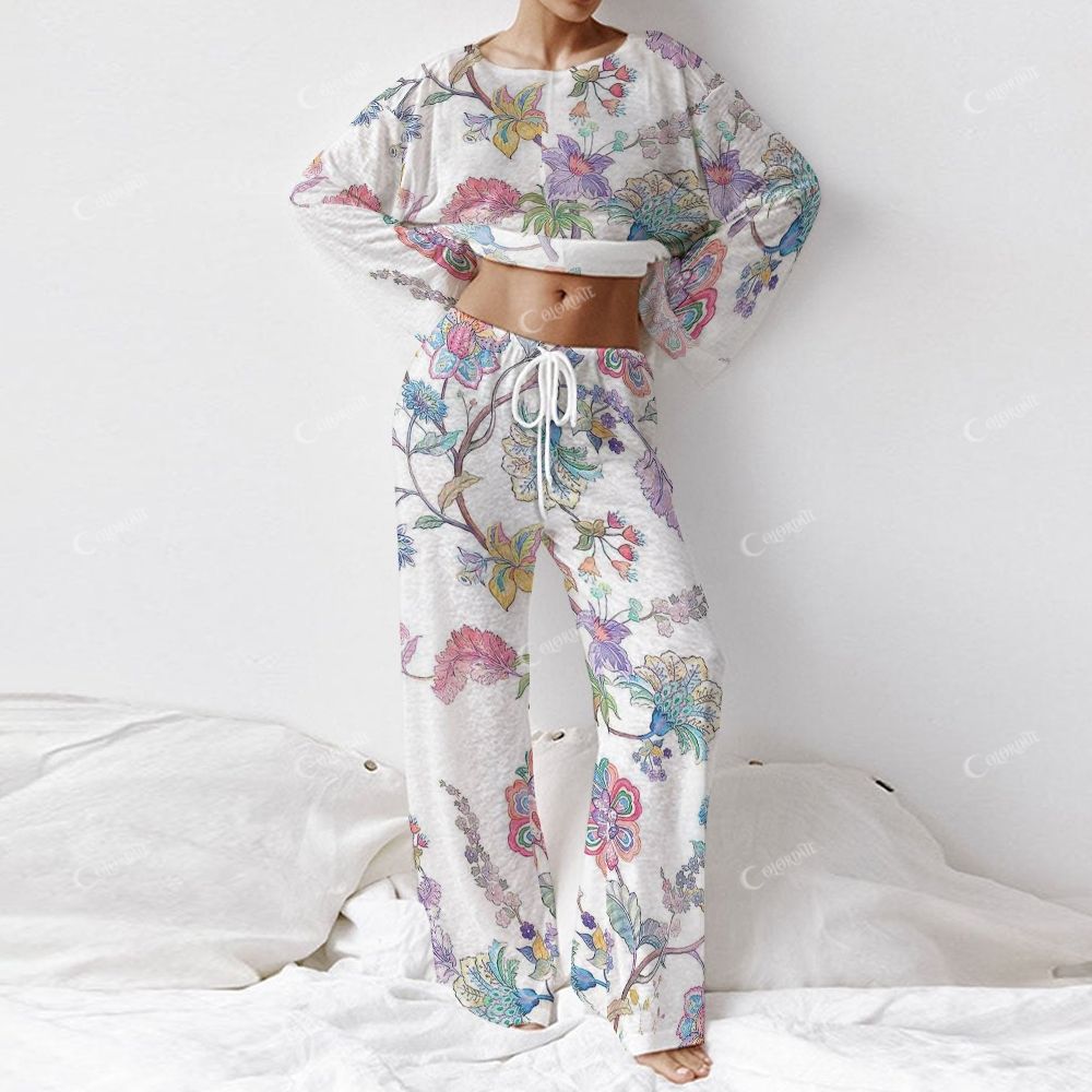 Colordate Women's Hand-Painted Colorful Plant Print Long Sleeve Cotton Homewear Set