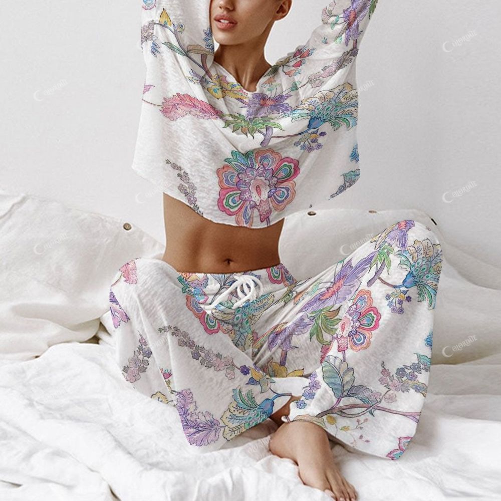 Colordate Women's Hand-Painted Colorful Plant Print Long Sleeve Cotton Homewear Set