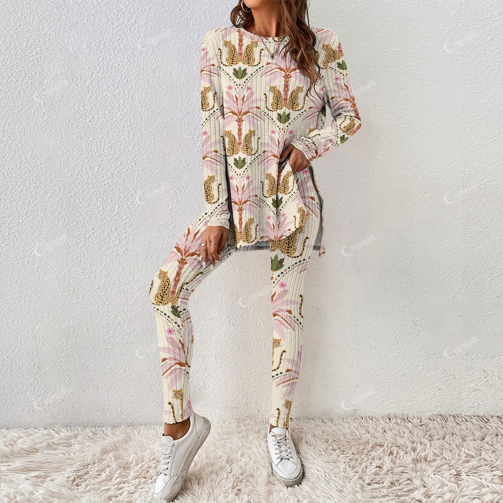 Colordate Women's Symmetrical Leopard Print Long Sleeve Suit