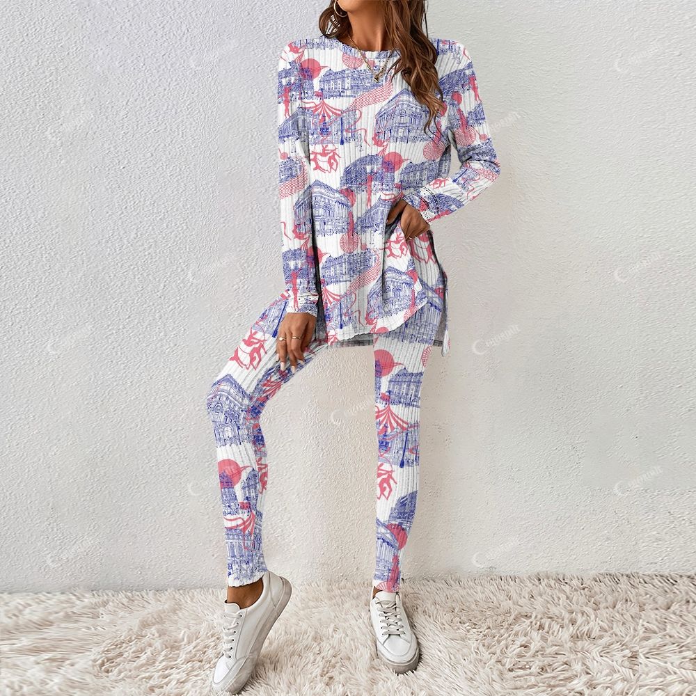 Colordate Women's Blue Line Roman Architectural Print Long Sleeve Suit
