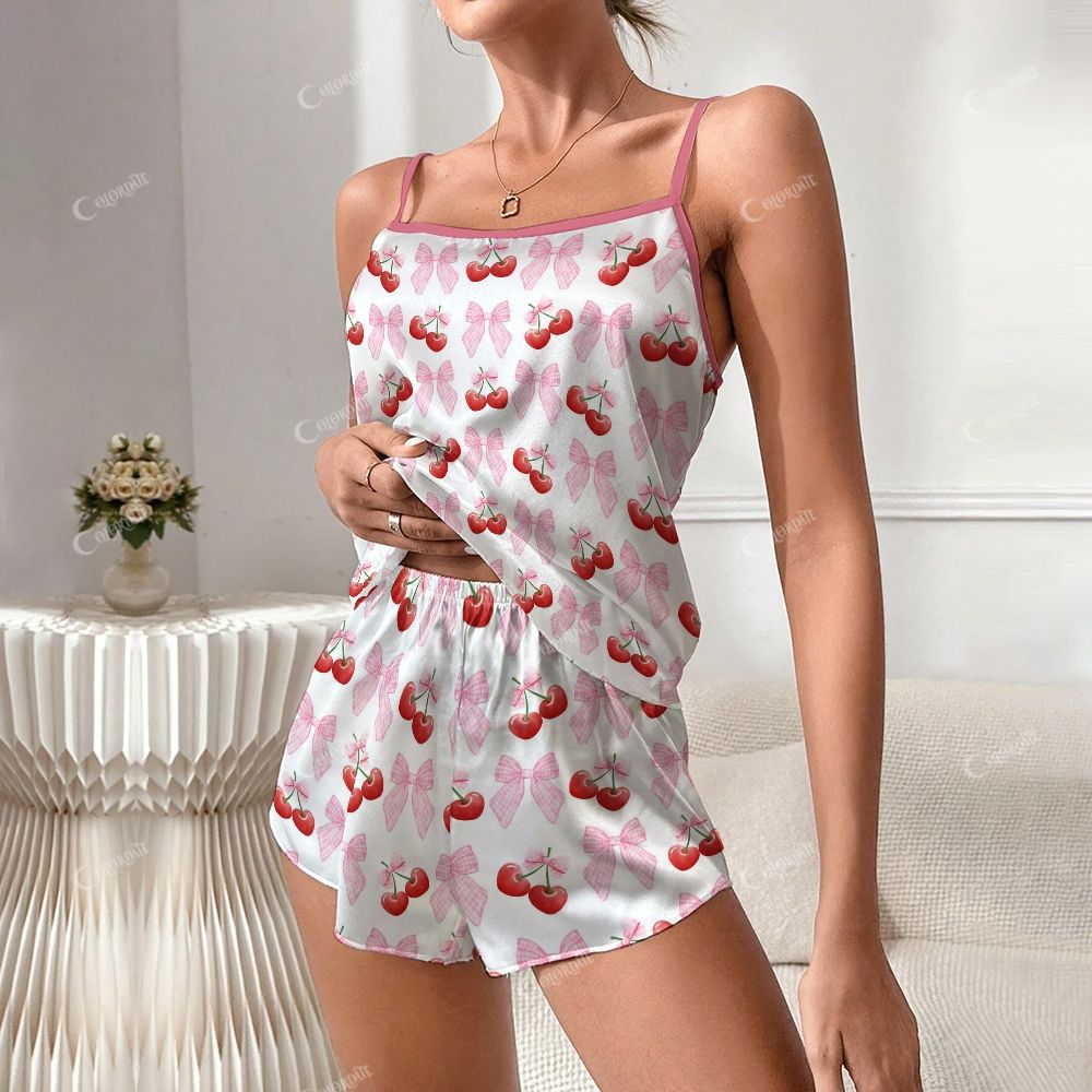 Plaid Bow Cherry Print Pajama Set