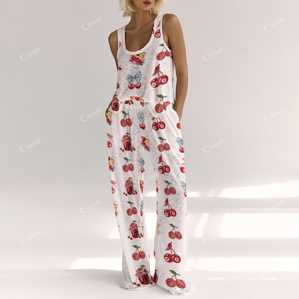 Colordate Women's Cherry Print Vest and Pants Set