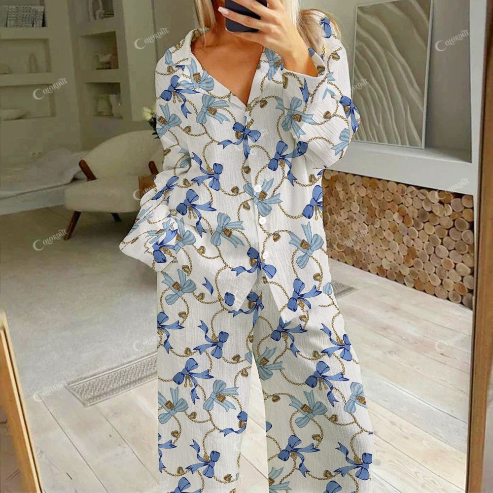 Colordate Women's Gold Chain With Blue Bow Print Cotton Cardigan Homewear Set