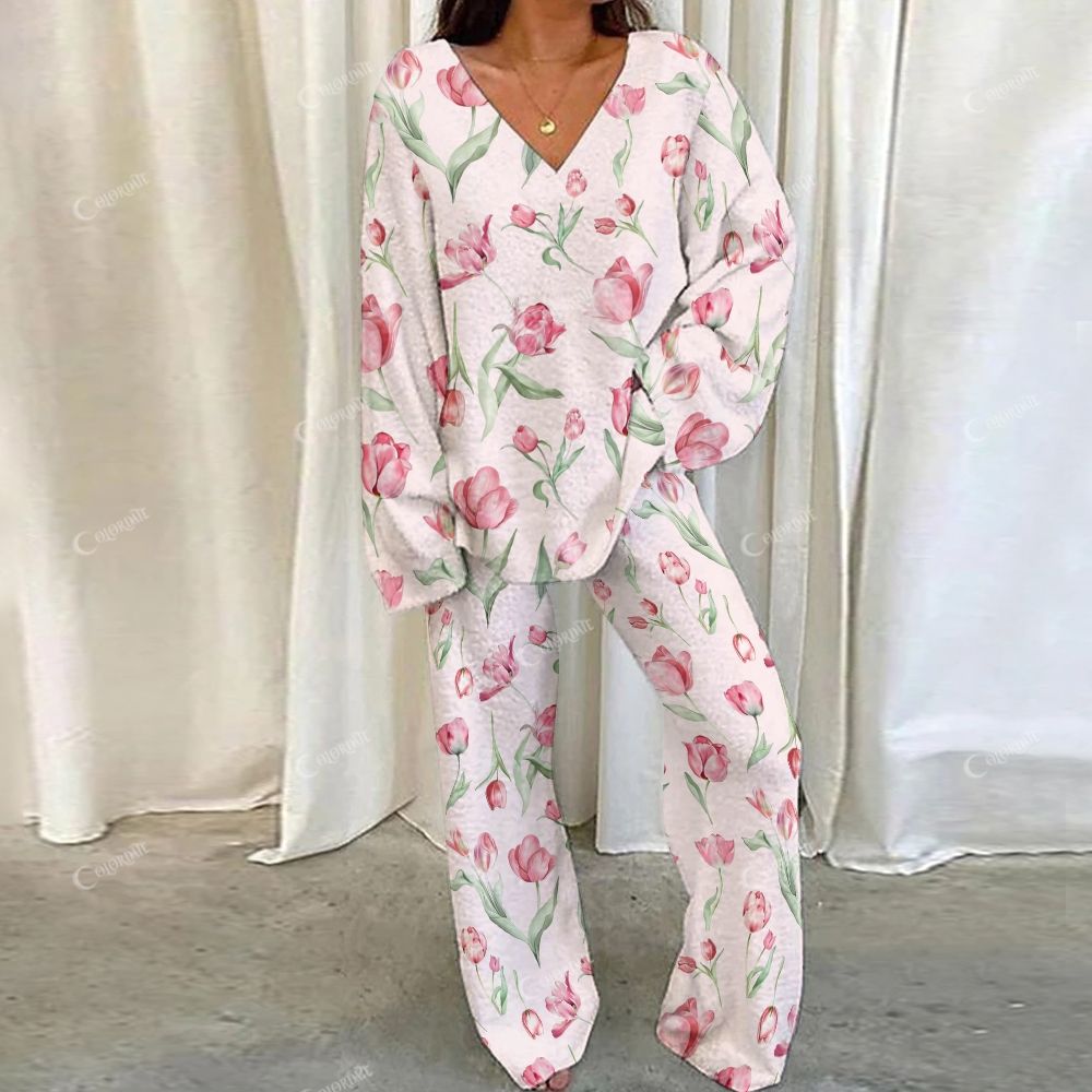 Colordate Pink Tulip Print Loungewear Set For Women