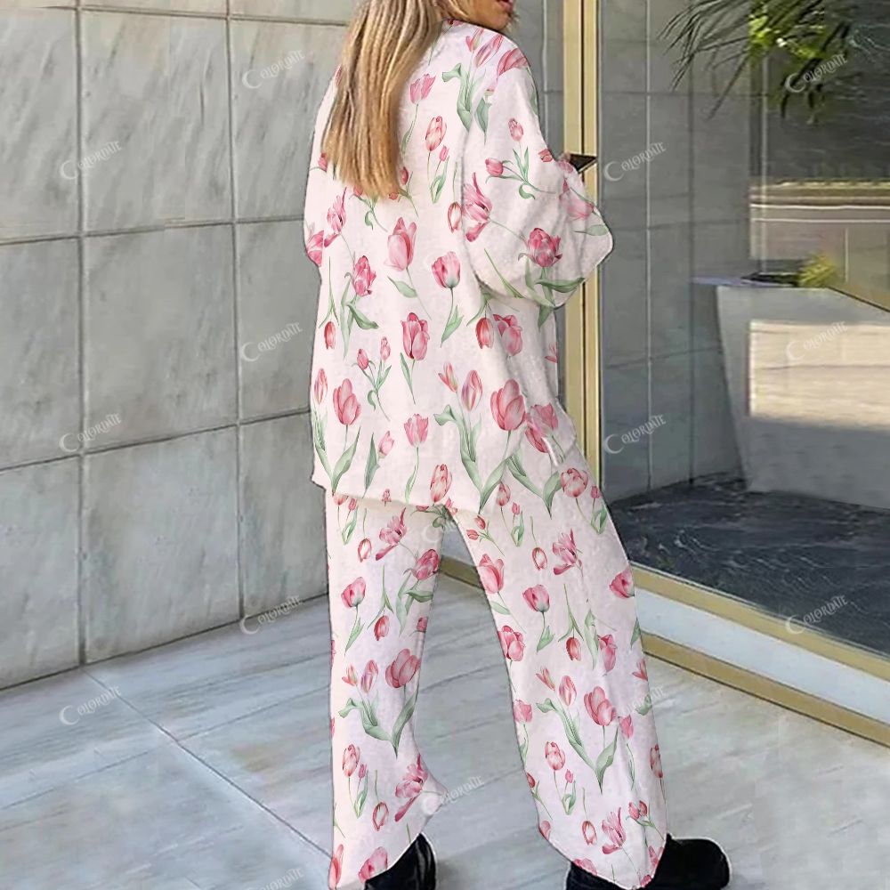 Colordate Pink Tulip Print Loungewear Set For Women