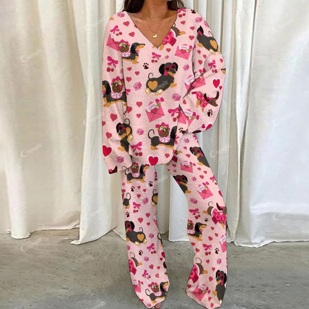 Colordate Love And Dachshund Puppy Print Loungewear Set For Women