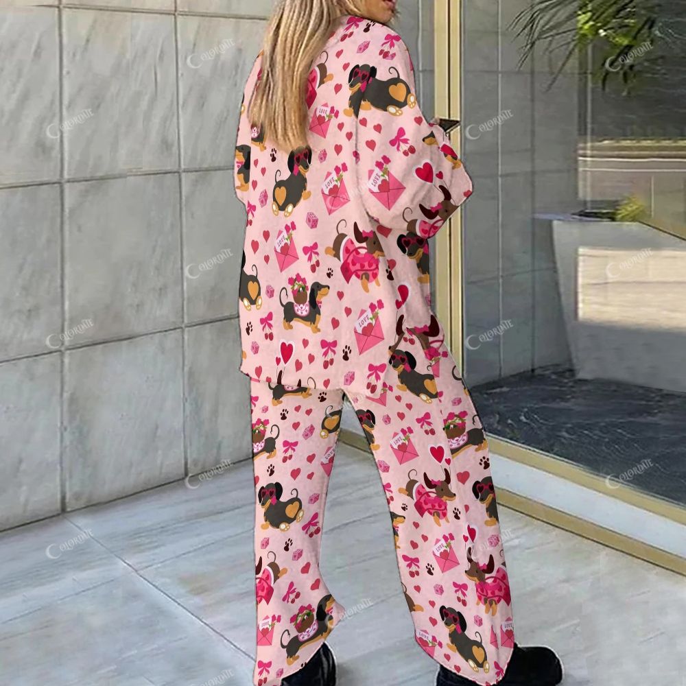 Colordate Love And Dachshund Puppy Print Loungewear Set For Women
