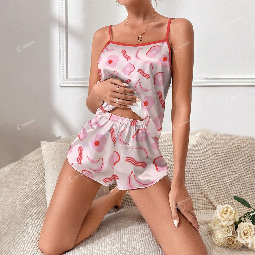 Pink Bread Bacon Banana Print Pajama Set
