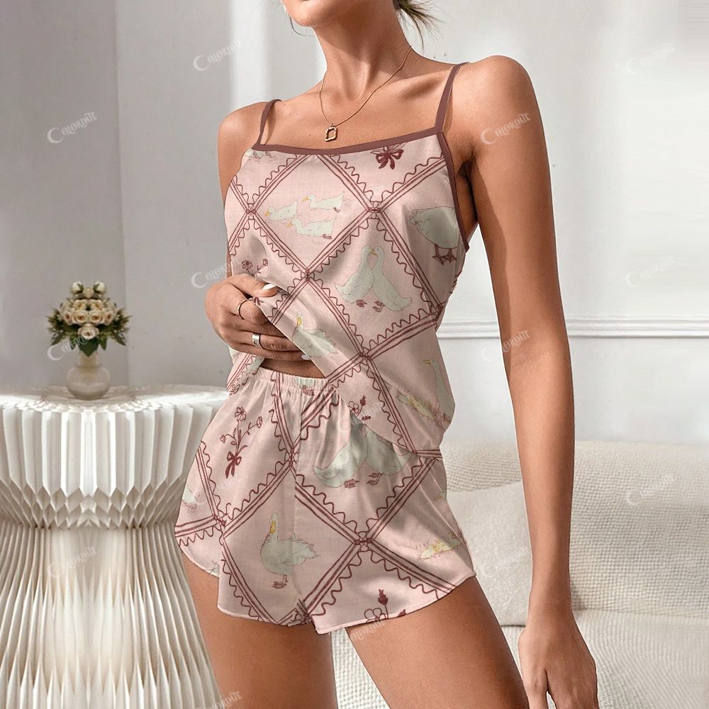 Plaid Geese And Flowers Print Pajama Set
