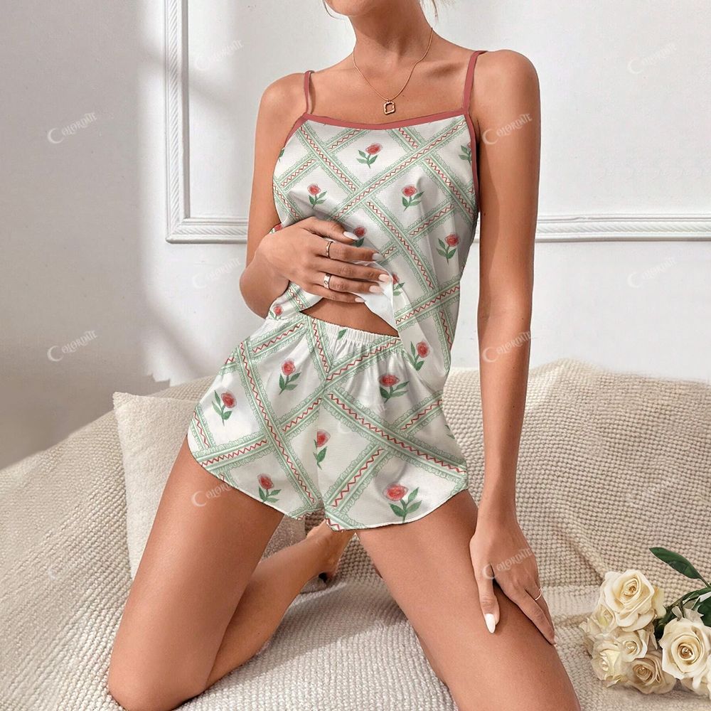 Vintage Plaid Tulips Print Pajama Set