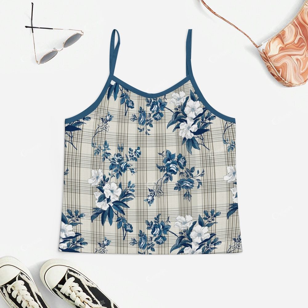 Blue Vintage Plaid Flower Print Pajama Set
