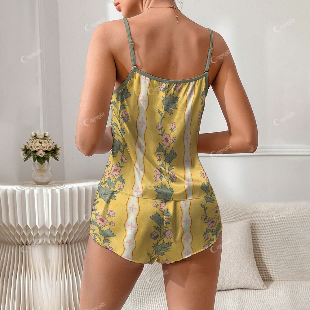 Vintage Color Block Flowers Print Pajama Set