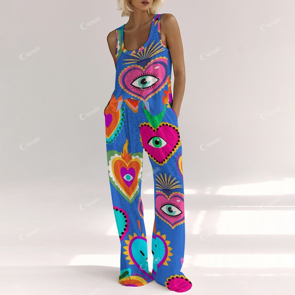 Colordate Women's Colorful Heart And Eye Prints Vest and Pants Set
