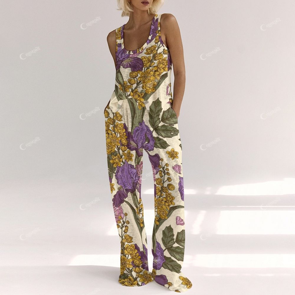 Colordate Women's Purple And Yellow Floral Prints Vest and Pants Set