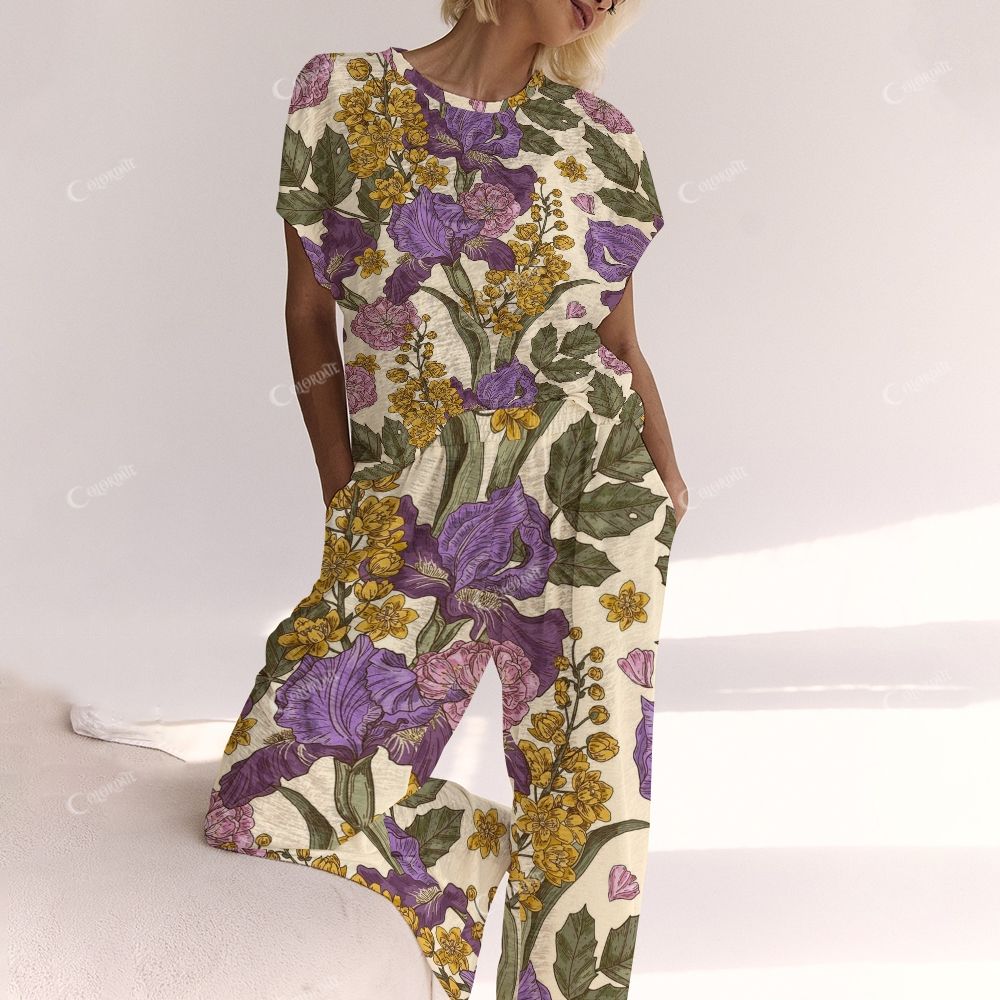 Colordate Purple And Yellow Floral Prints Ladies  Lounge Suit