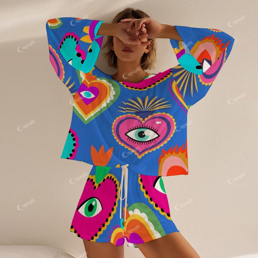 Colordate Women's Colorful Heart And Eye Prints Long Sleeve Shorts Set
