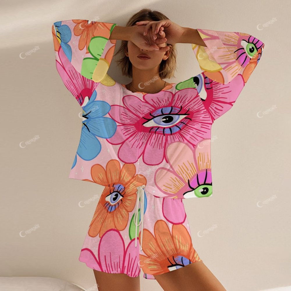 Colordate Women's Colorful Multi-Petal Flowers And Eye Prints Long Sleeve Shorts Set