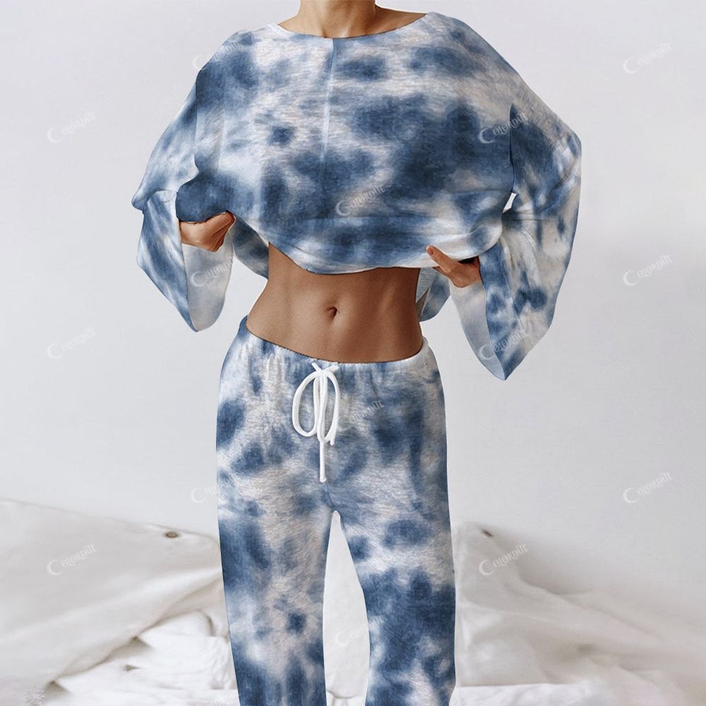 Colordate Women's Blue Tie-Dye Print Long Sleeve Cotton Homewear Set