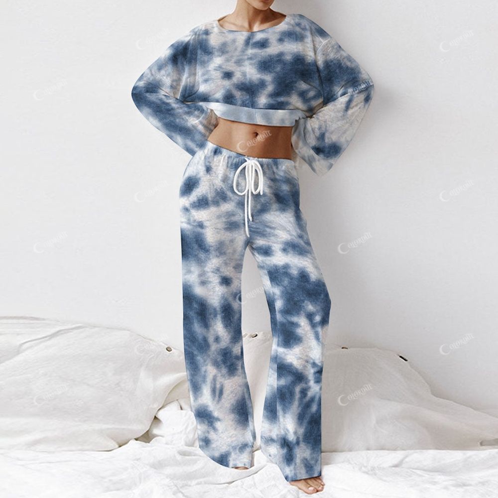 Colordate Women's Blue Tie-Dye Print Long Sleeve Cotton Homewear Set