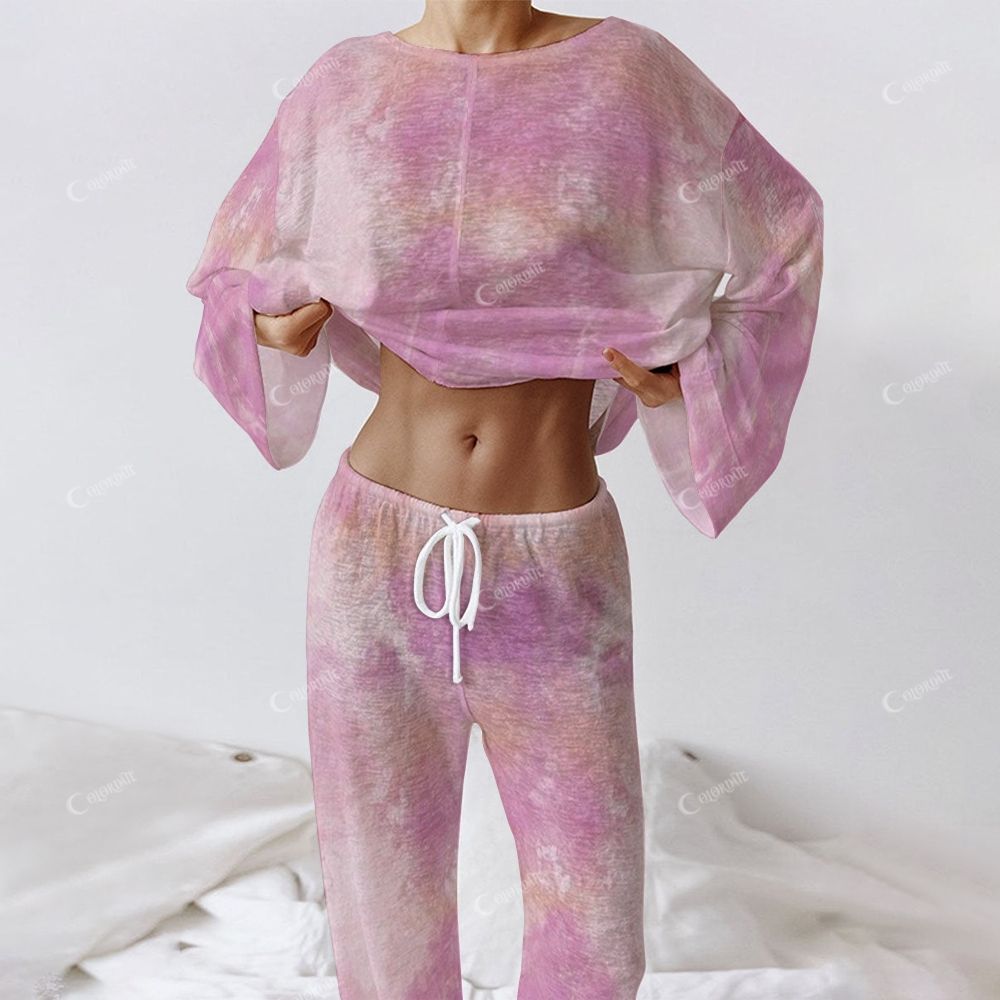 Colordate Women's Pink Tie-Dye Print Long Sleeve Cotton Homewear Set