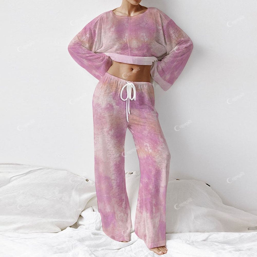 Colordate Women's Pink Tie-Dye Print Long Sleeve Cotton Homewear Set