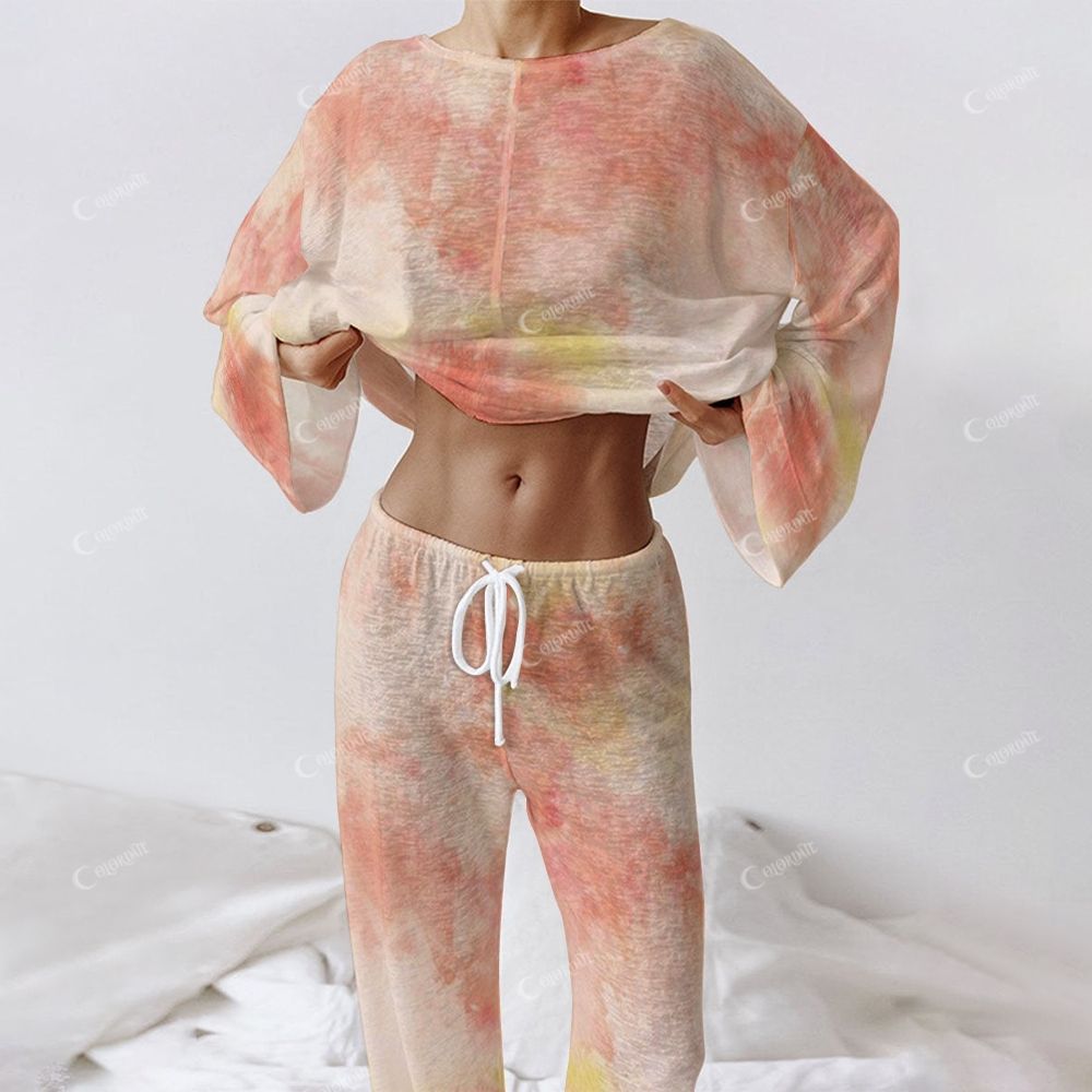 Colordate Women's Orange Tie-Dyed Print Long Sleeve Cotton Homewear Set