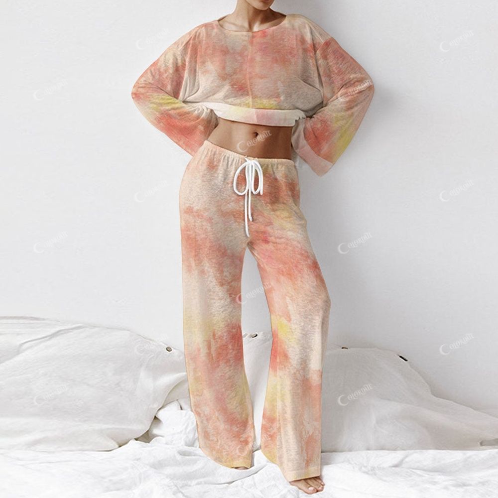 Colordate Women's Orange Tie-Dyed Print Long Sleeve Cotton Homewear Set