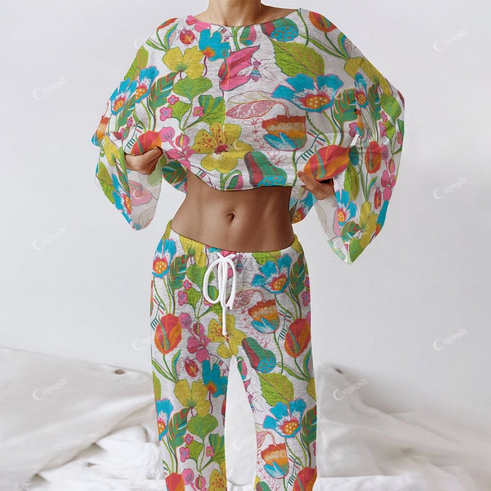 Colordate Women's Colorful Leaves And Floral Prints Long Sleeve Cotton Homewear Set