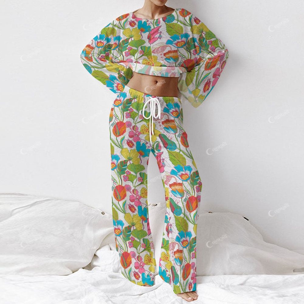 Colordate Women's Colorful Leaves And Floral Prints Long Sleeve Cotton Homewear Set