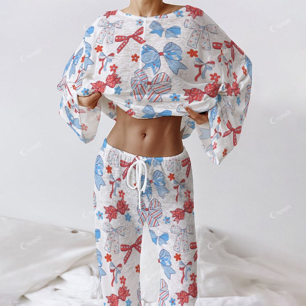 Colordate Women's Red And Blue Bow Print Long Sleeve Cotton Homewear Set