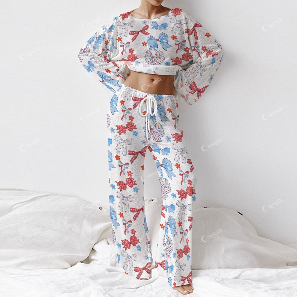 Colordate Women's Red And Blue Bow Print Long Sleeve Cotton Homewear Set