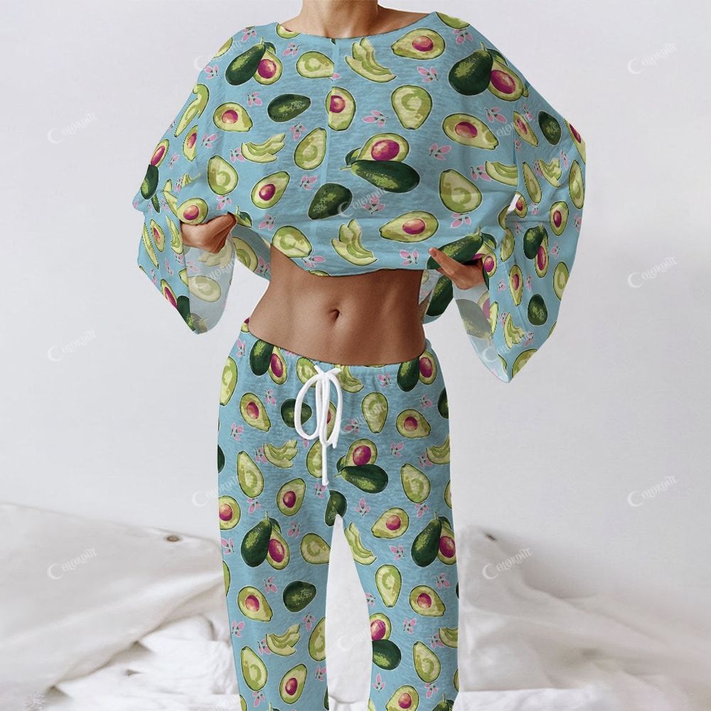 Colordate Women's Avocado Print Long Sleeve Cotton Homewear Set