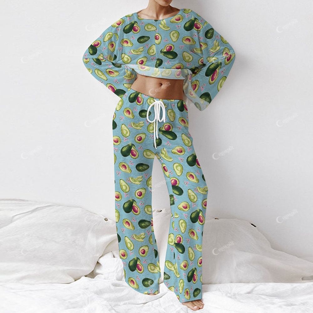 Colordate Women's Avocado Print Long Sleeve Cotton Homewear Set
