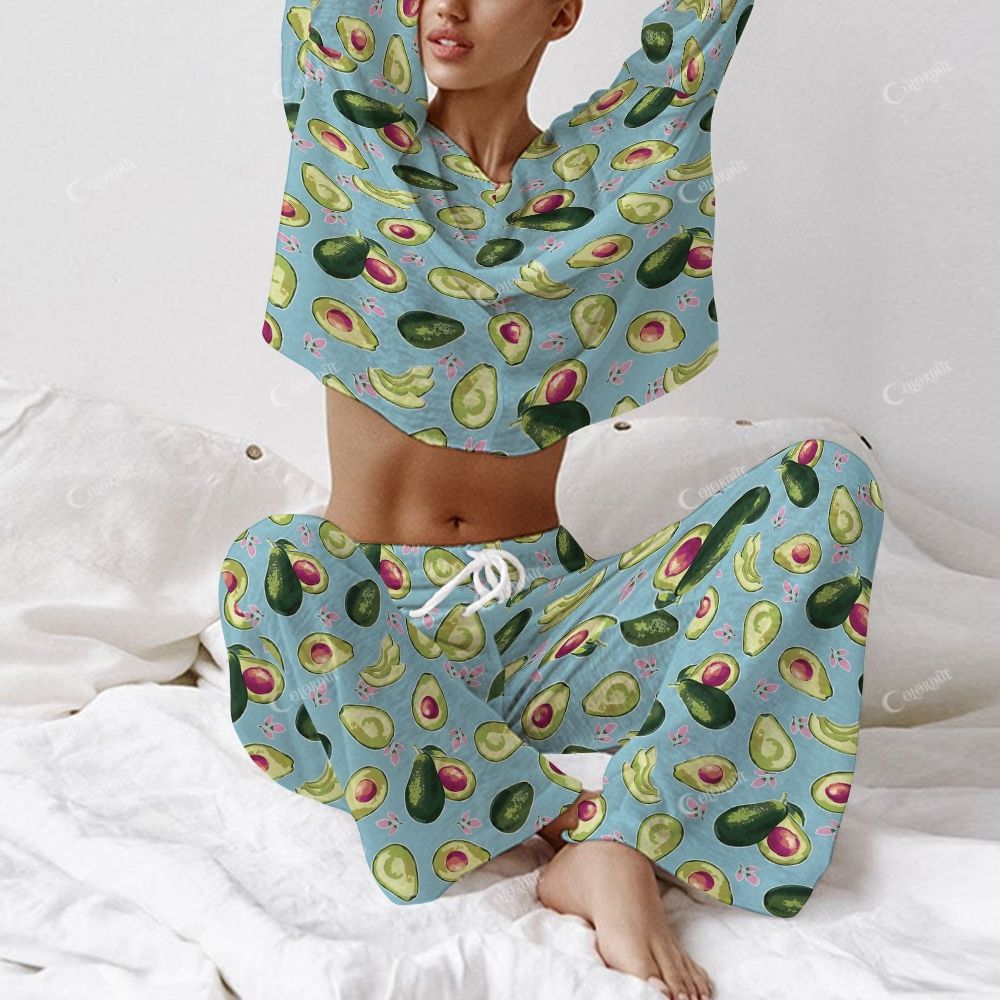 Colordate Women's Avocado Print Long Sleeve Cotton Homewear Set