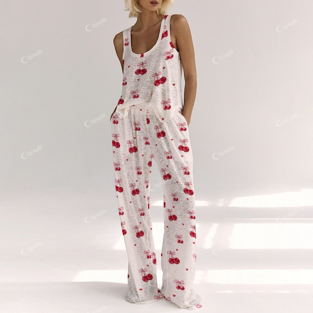 Colordate Women's Cherry And Bow Print Vest and Pants Set