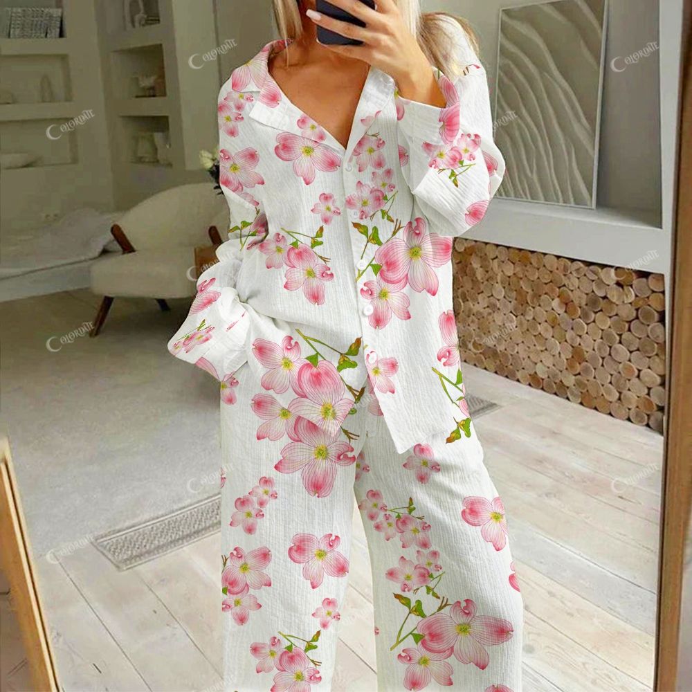 Colordate Women's Four Illuminating Flowers Print Cotton Cardigan Homewear Set
