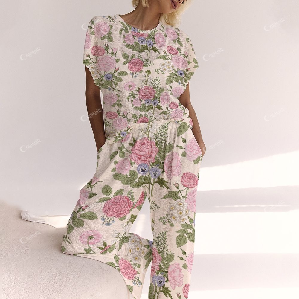 Colordate Pink And Blue Floral Prints Ladies  Lounge Suit