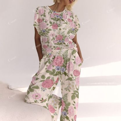 Colordate Pink And Blue Floral Prints Ladies  Lounge Suit
