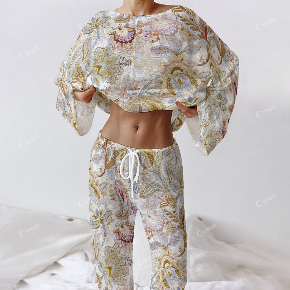 Colordate Women's Entwined Pattern Print Long Sleeve Cotton Homewear Set