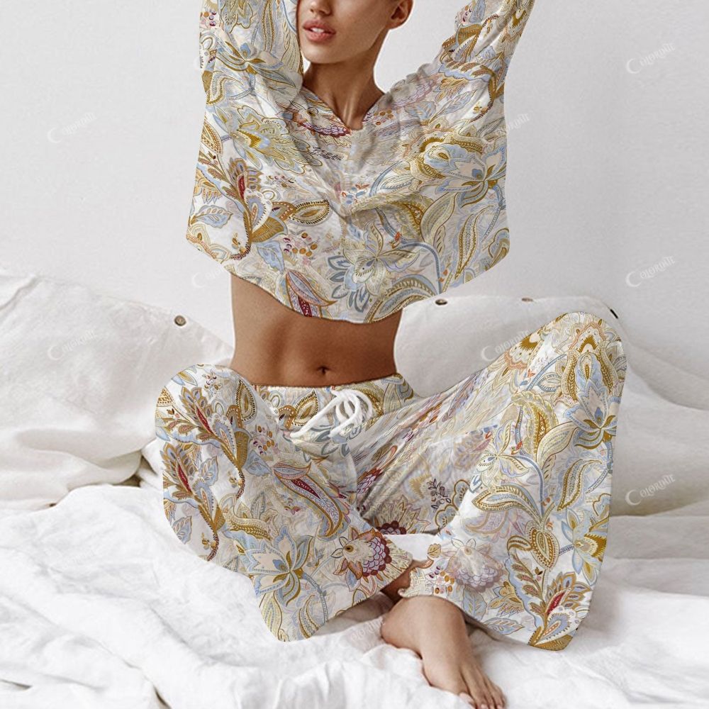 Colordate Women's Entwined Pattern Print Long Sleeve Cotton Homewear Set