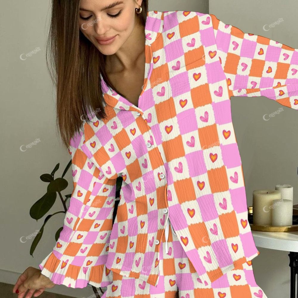 Colordate Orchard Dreams Women's Orange And Pink Hearts Vintage Printed Linen Cotton Suit