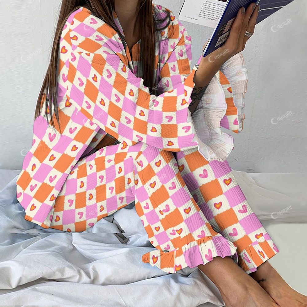 Colordate Orchard Dreams Women's Orange And Pink Hearts Vintage Printed Linen Cotton Suit