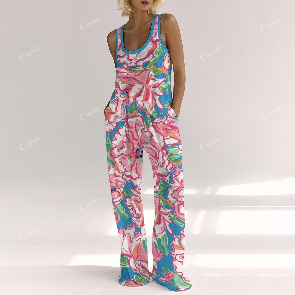 Colordate Women's Pink Graffiti Floral Print Vest and Pants Set