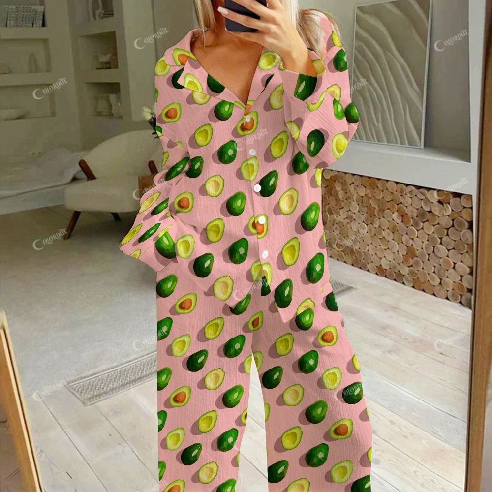 Colordate Women's  Avocado Print Cotton Cardigan Homewear Set