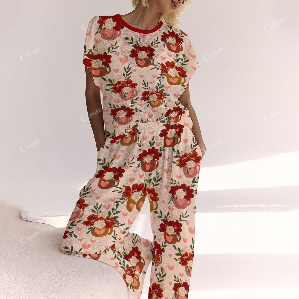 Colordate Red Flower Print Ladies  Lounge Suit