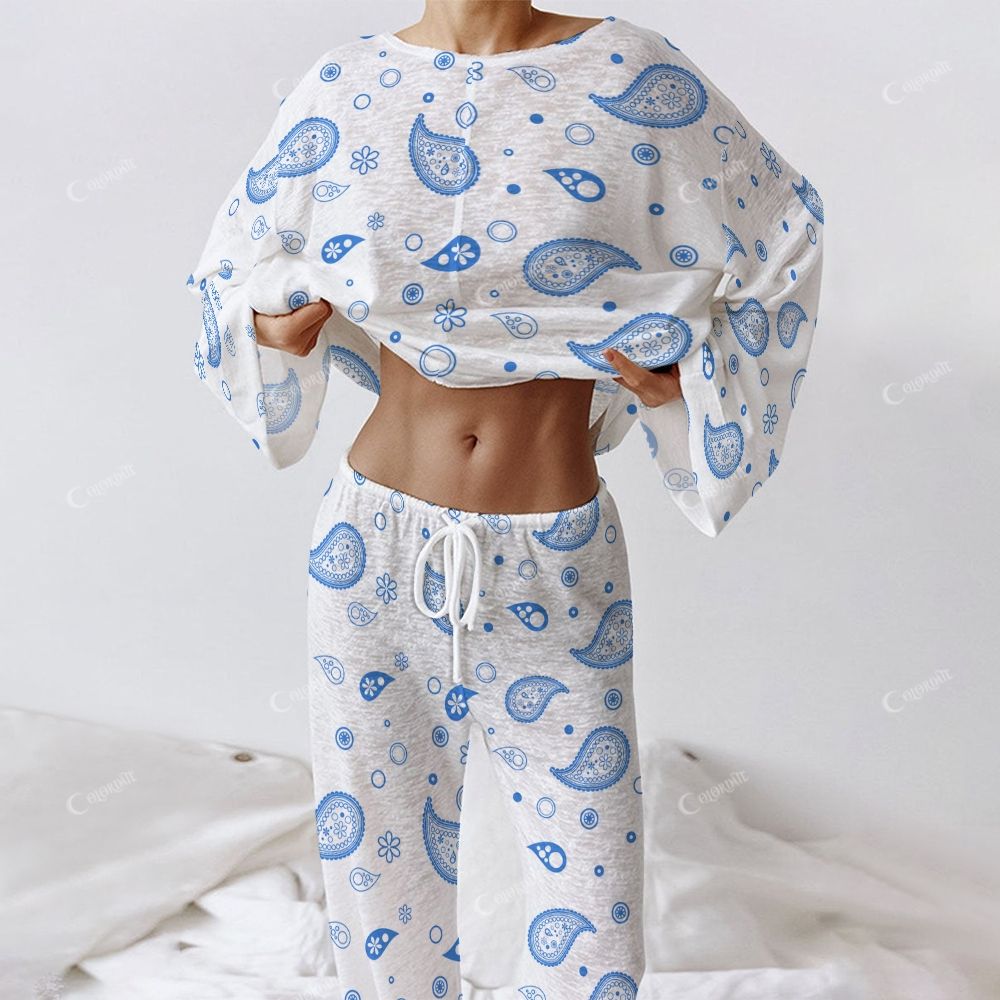 Colordate Women's Blue Paisley Pattern Print Long Sleeve Cotton Homewear Set