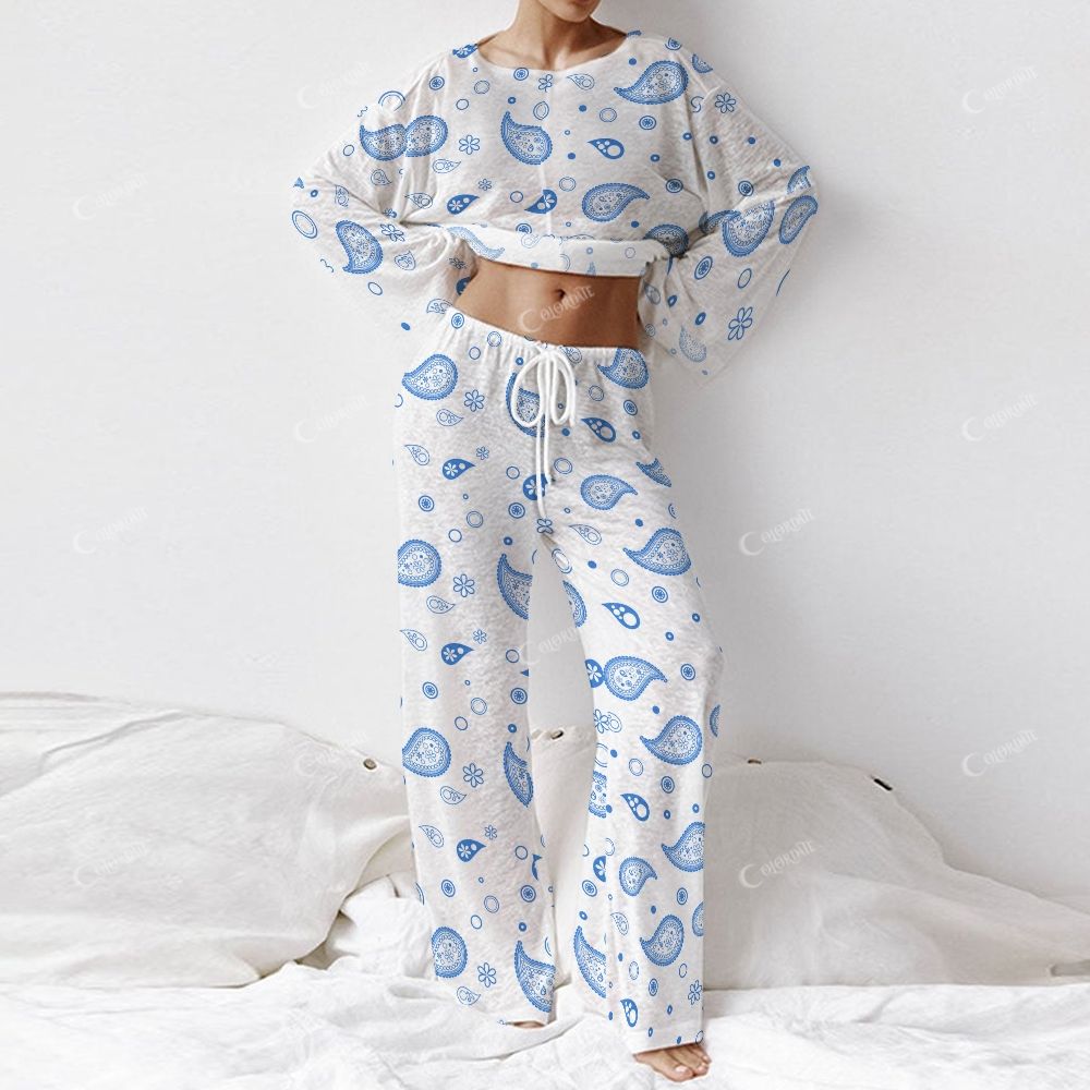 Colordate Women's Blue Paisley Pattern Print Long Sleeve Cotton Homewear Set