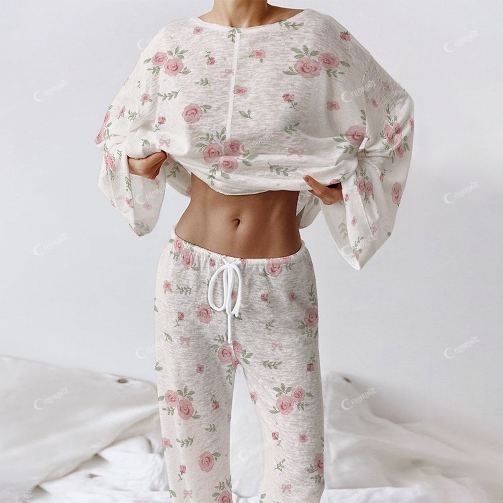 Colordate Women's Pink Floral Print Long Sleeve Cotton Homewear Set