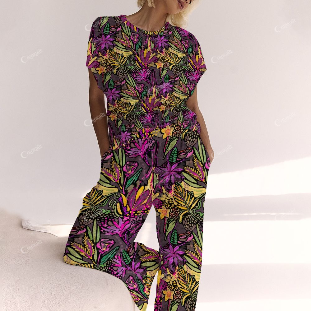Colordate Purple And Yellow Floral Prints Ladies  Lounge Suit